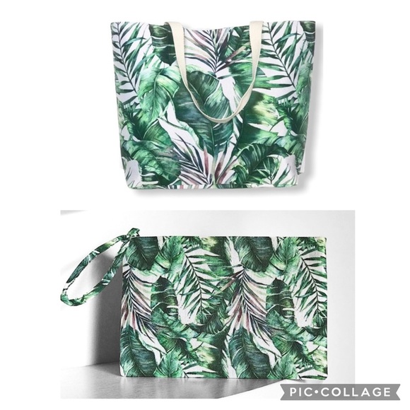 Large Tropical Print Tote Bag with Matching Wristlet - Picture 1 of 14